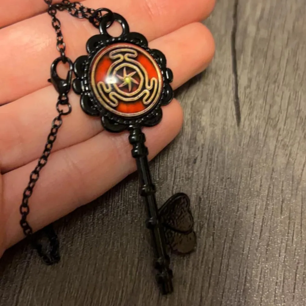 Gothic Style Hecate March Goddess Black Logo Glass Key Pendant Necklace for Woman Men Collarbone Chain Mysterious Jewelry Gifts
