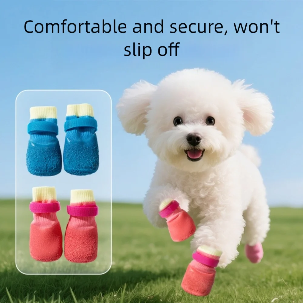 4Pcs/Set Cute Non-slip Dog Shoes Anti-dirty Adjustable Puppy Mesh Shoes Breathable Waterproof Pet Boots Autumn Winter