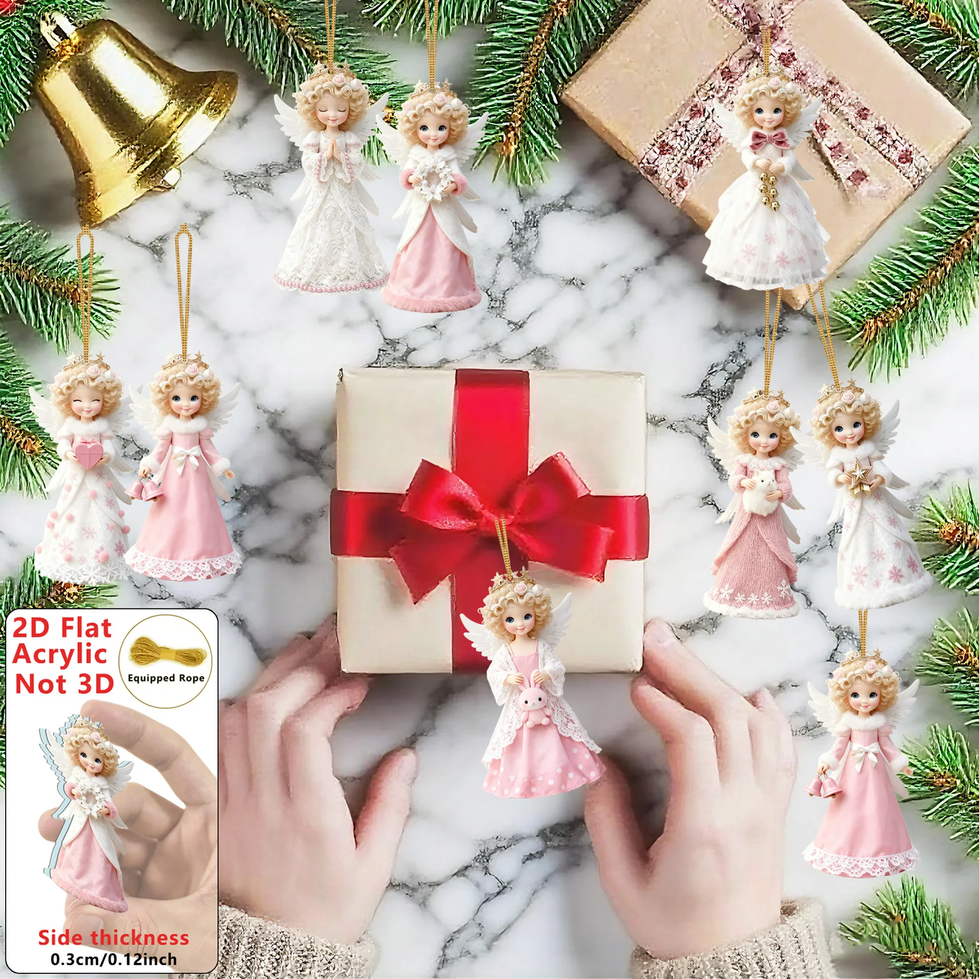 2D شقة 8 قطع عيد الميلاد الملاك الحارس الاكريليك سحر الملاك فتاة قلادة ديكور المنزل الطرف شجرة عيد الميلاد محاكاة قلادة