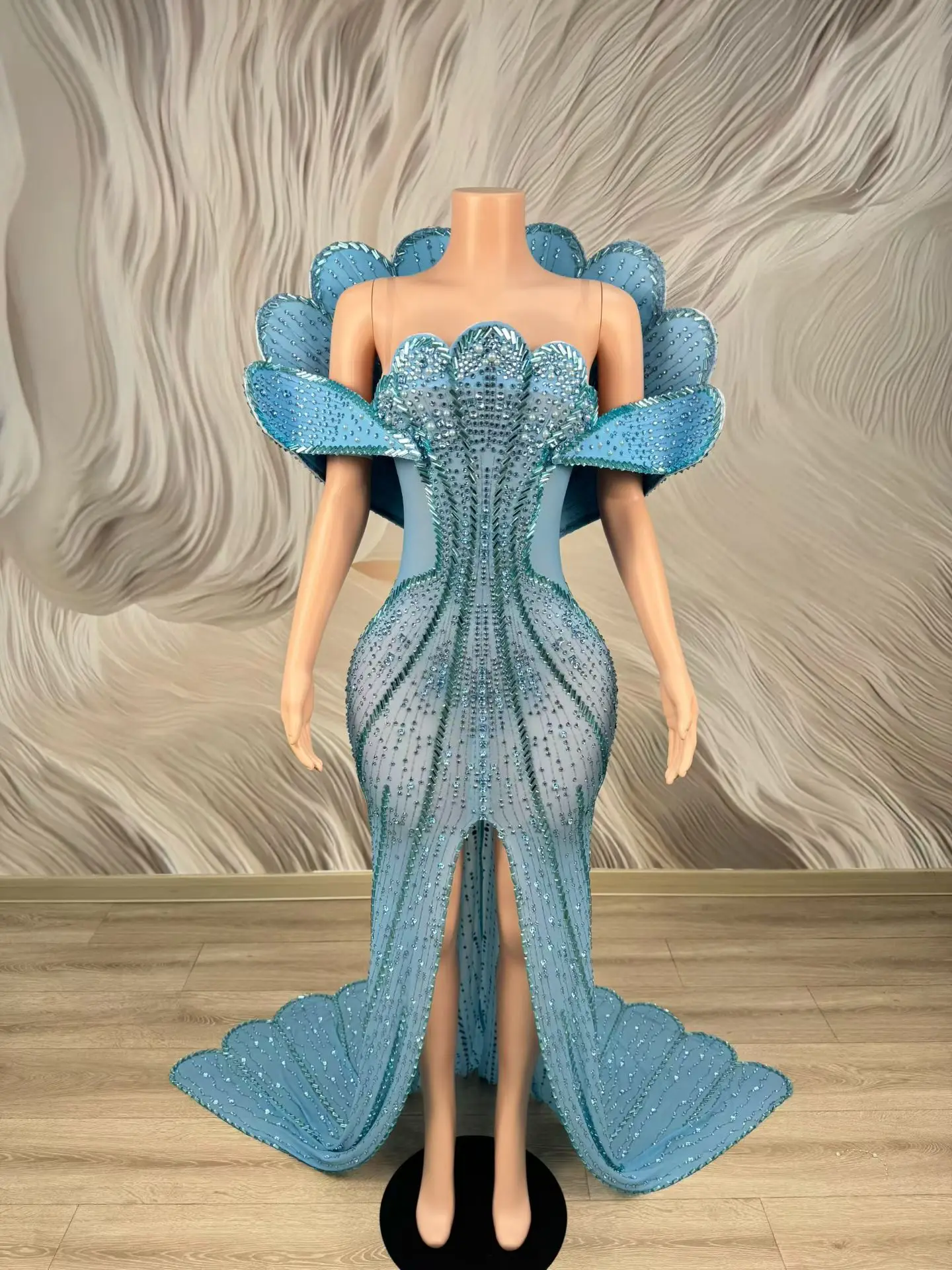 

Heijialun Luxury Woman Party Evening Gown Blue Diamonds Transparent Mesh Trailing Dress Bespoke Occasion Dress Birthday Dress