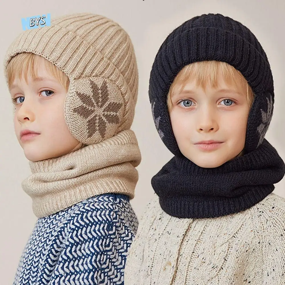 

Soft Solid Color Ear Protection Wool Caps Earflap Coldproof Children Knitted Benines Muffler Windproof Scarf Hat Set Children
