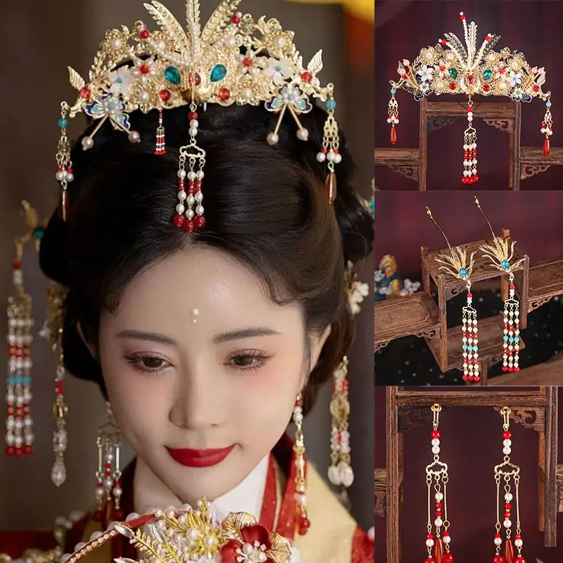 

Элегантный древний китайский костюм ханьфу ручной работы с кисточками, свадебный комплект заколок для волос, головной убор принцессы, королевы Феникса, аксессуары для волос