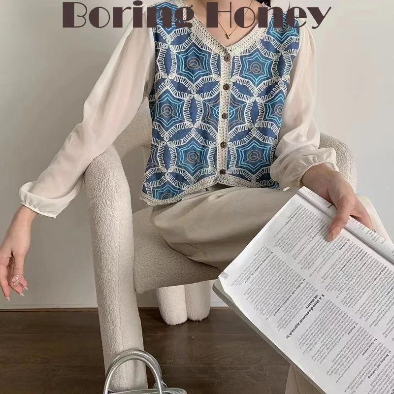 Boring Honey, nuevo bordado, estrella de cinco puntas, Top con cuello en V, camiseta de una sola botonadura, mujer, Jean unirse, Top de manga de gasa para mujer