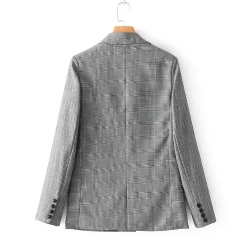 Gray Plaid Blazer Women Vintage One Botton Pockets Jackets Spring Autumn Casual Loose Suit Jacket Mujer