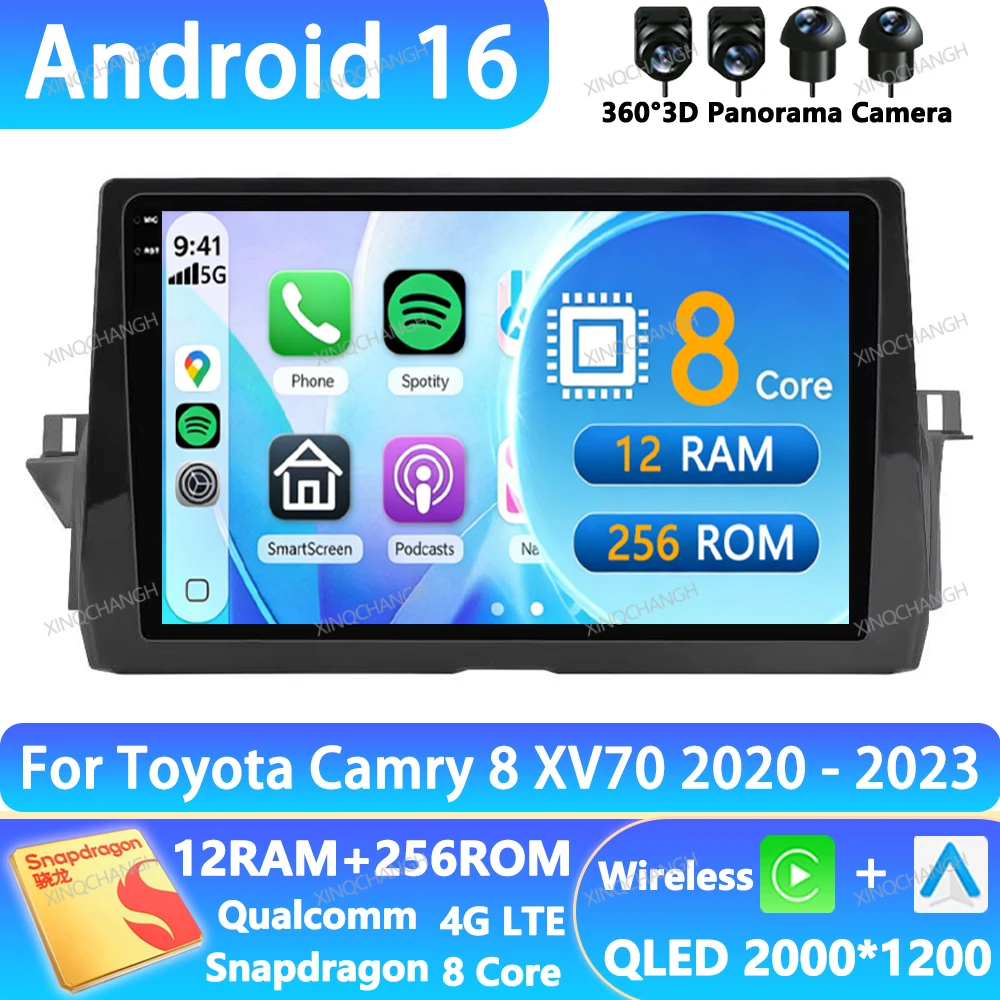 Android 16 Car Radio For Toyota Camry 8 XV70 2020 - 2023 Navigation 2DIN QLED 4G LTE 5G WIFI Multimedia Video Player BT GPS BT