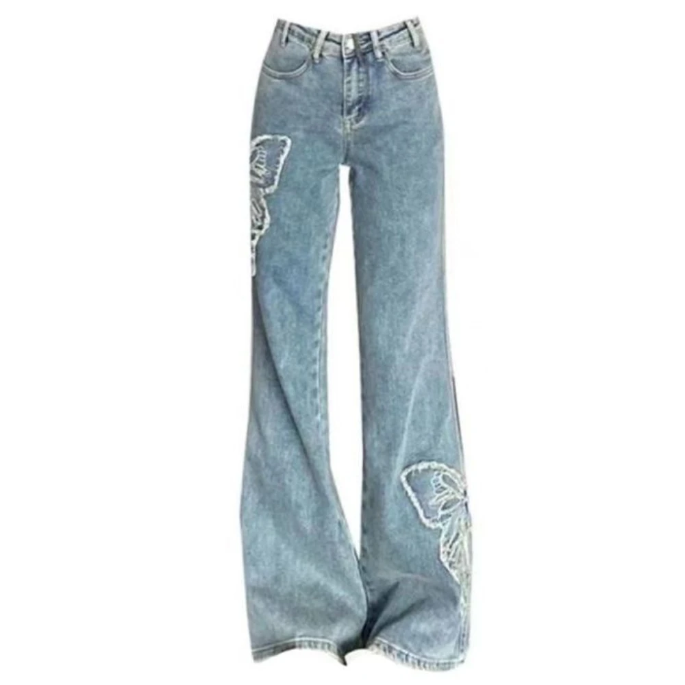 Imagem -06 - Calça Jeans Feminina com Bolsos Calça de Cintura Alta Jeans Borboleta Fundo de Sino Decoração Azul Queimada Emo