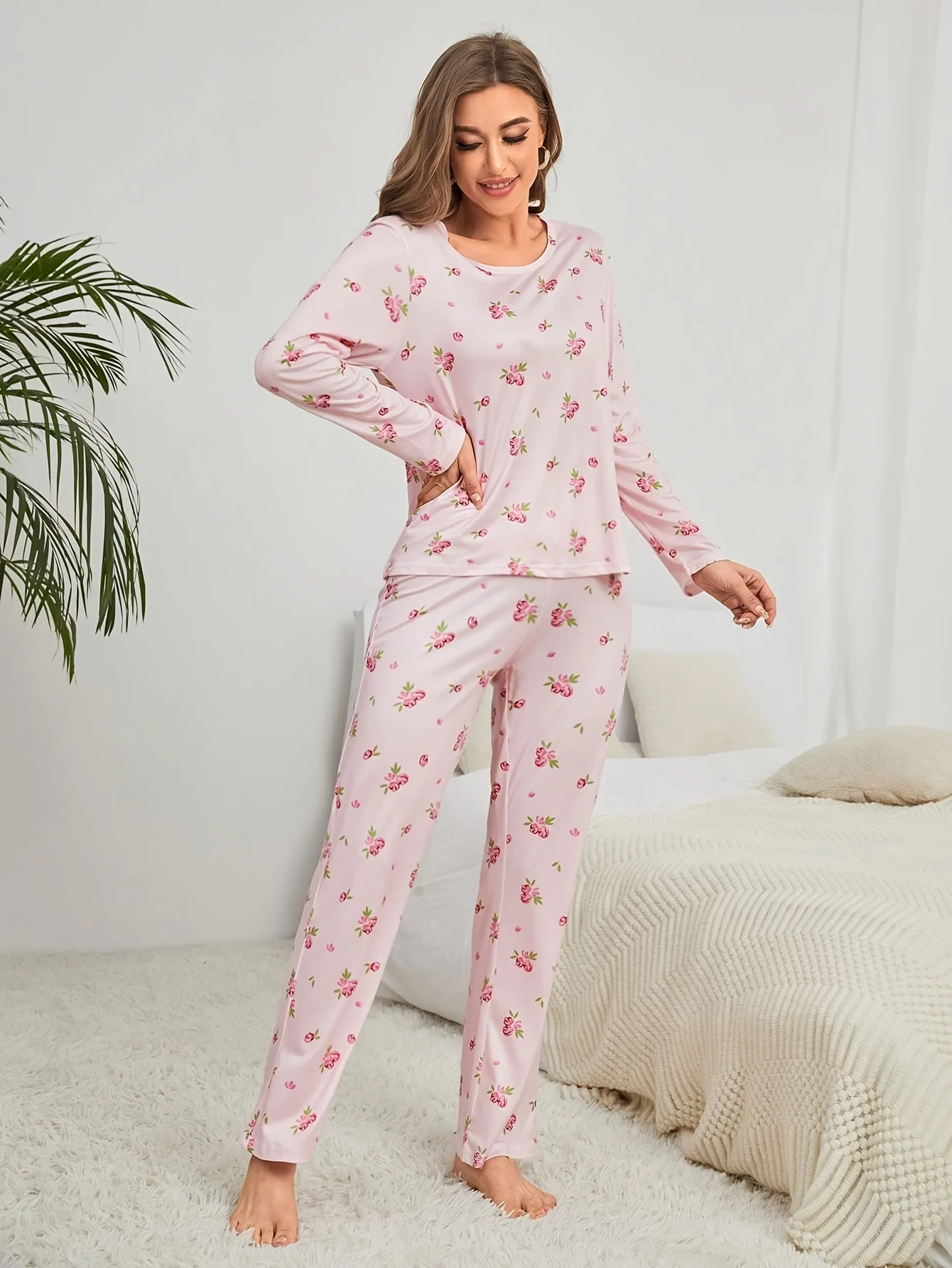 Women\'s pajamas set flower print long sleeve top and trousers comfortable two piece casual home wear