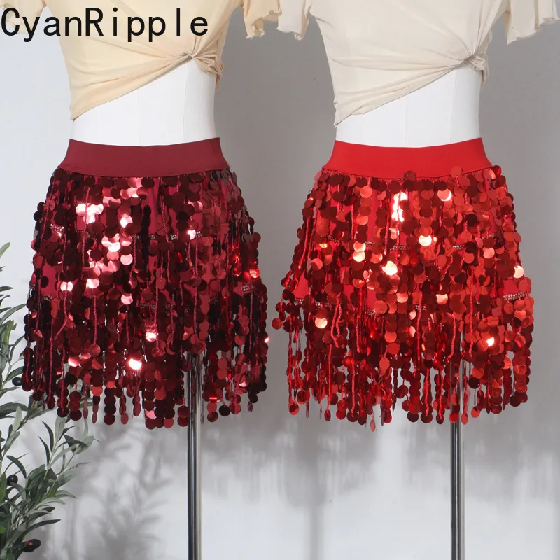 Blingbling Shiny Beading Sequins Tassel Short A-line Skirt Stage Sexy Spicy Girl Nightclub Performance Elastic Waist Mini Skirts