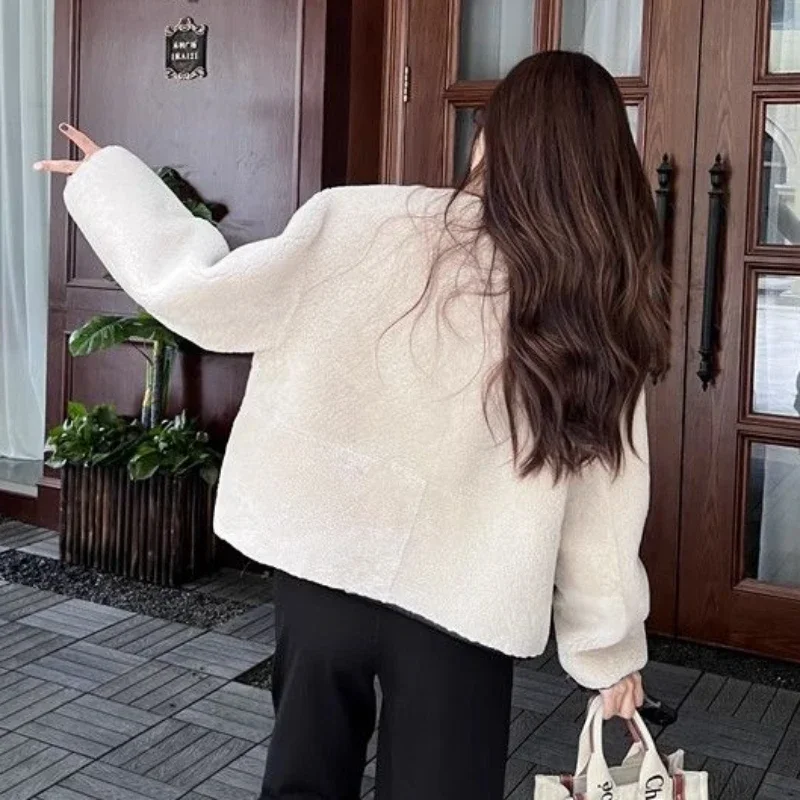 2025 Spring Women Fashion Imitation Fur Coat Thicken Warm Short Lambs Wool Outwear Stylish Loose Large Size All-Match Outcoat