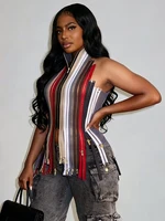 Sisterlinda Shirring Pull The Chain Tank Top Women Y2K Patchwork Backless Colorful Print Sexy Wild Street Midnight Zip Club Vest