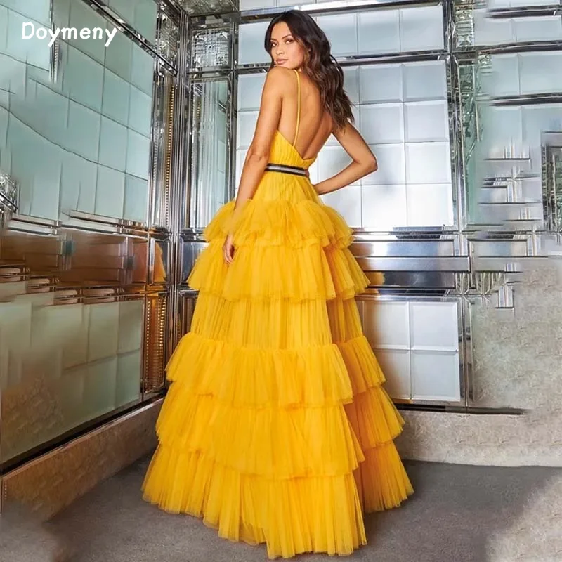 Doymeny Tiered Sash Prom Dresses Spaghetti Straps Tulle Floor Length Evening Dresses vestidos de fiesta elegantes para mujer