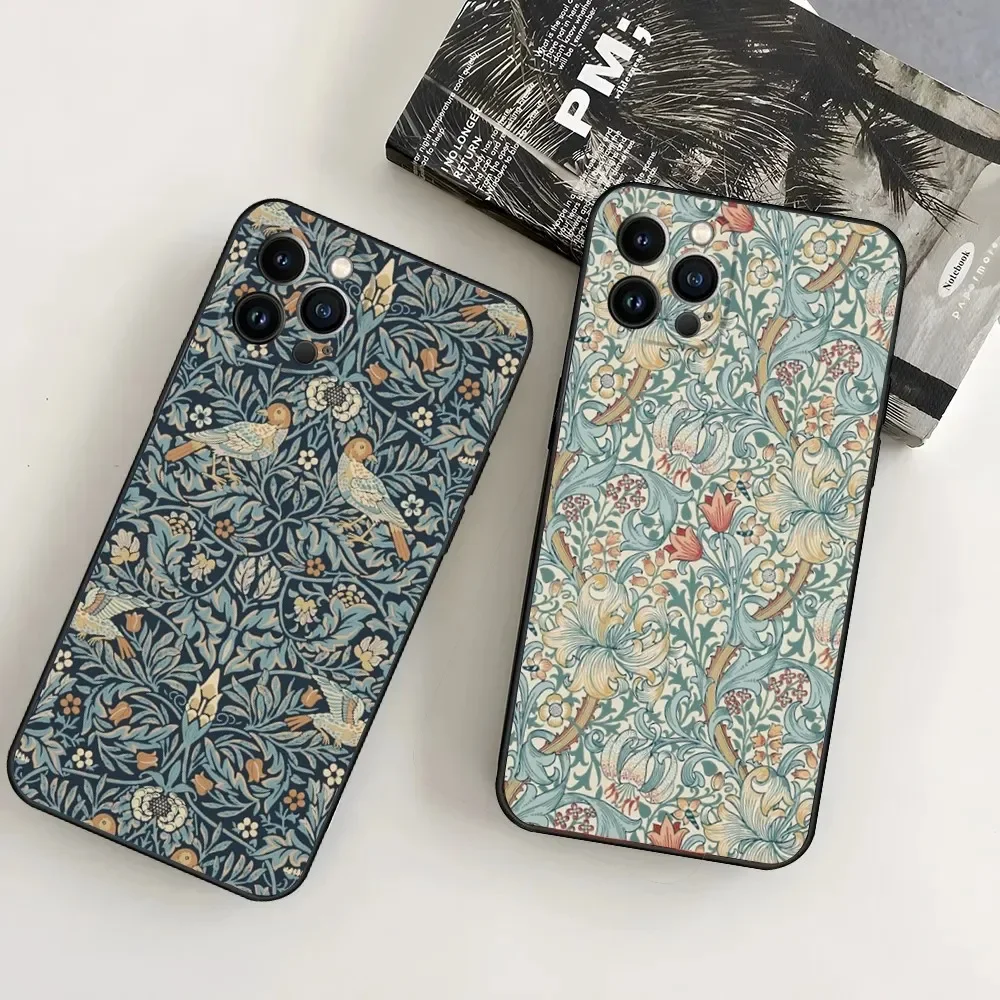 

William Morris Strawberry Thief Phone Case For iPhone16,15,14,13,12 Mini 11 Pro XR,X,XS,MAX 7,8 Plus Silicone Cover Soft Black