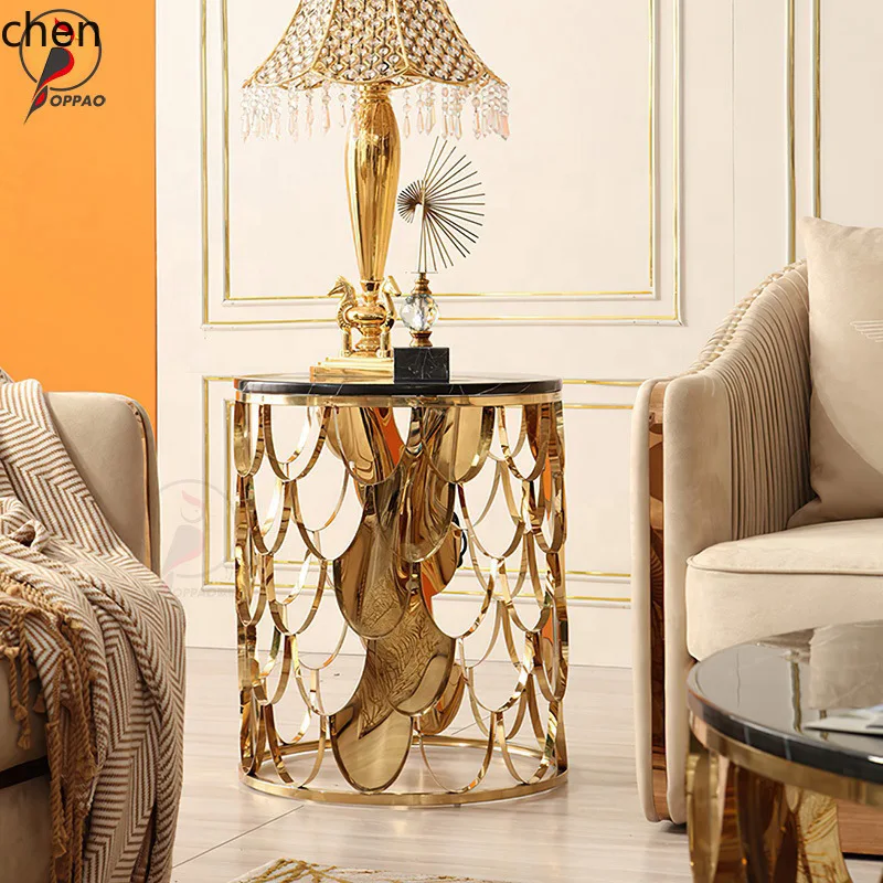 CZ Simple Stainless Steel Fish Scale Pattern Coffee Table Glass Artificial Marble Top Small Coffee Table Modern Round Side Table