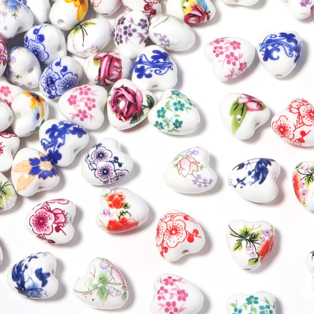10pcs 12x13mm Heart Shape Flower Patterns Ceramic Porcelain Loose Crafts Beads For Jewelry Making DIY Bracelet Necklace Findings view 6