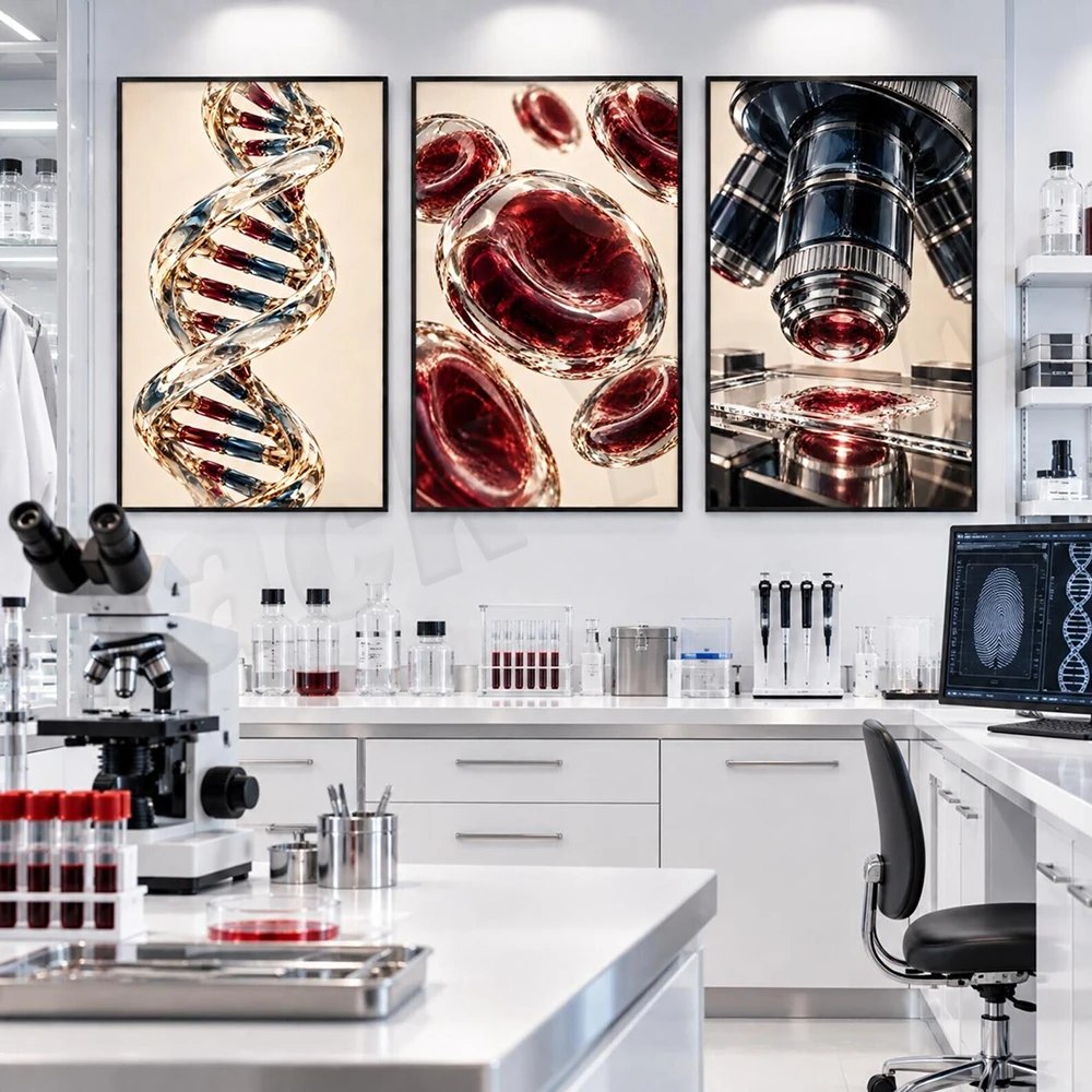 Forensic genetics-themed print featuring DNA double helix, blood cells, and microscopy art; a poster for medical office decor.
