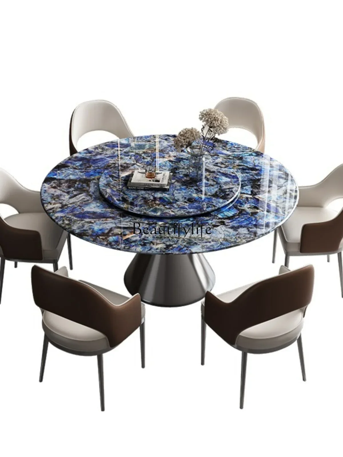 

Italian light luxury dining table marble round with turntable blue jadeite microcrystalline stone