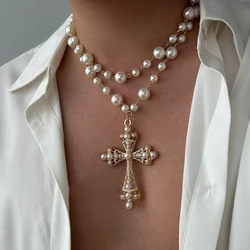 IngeSight.Z Charm Elegant Imitation Pearl Choker Necklace for Men Women New Goth Jesus Cross Pendant Necklace Male Party Jewelry