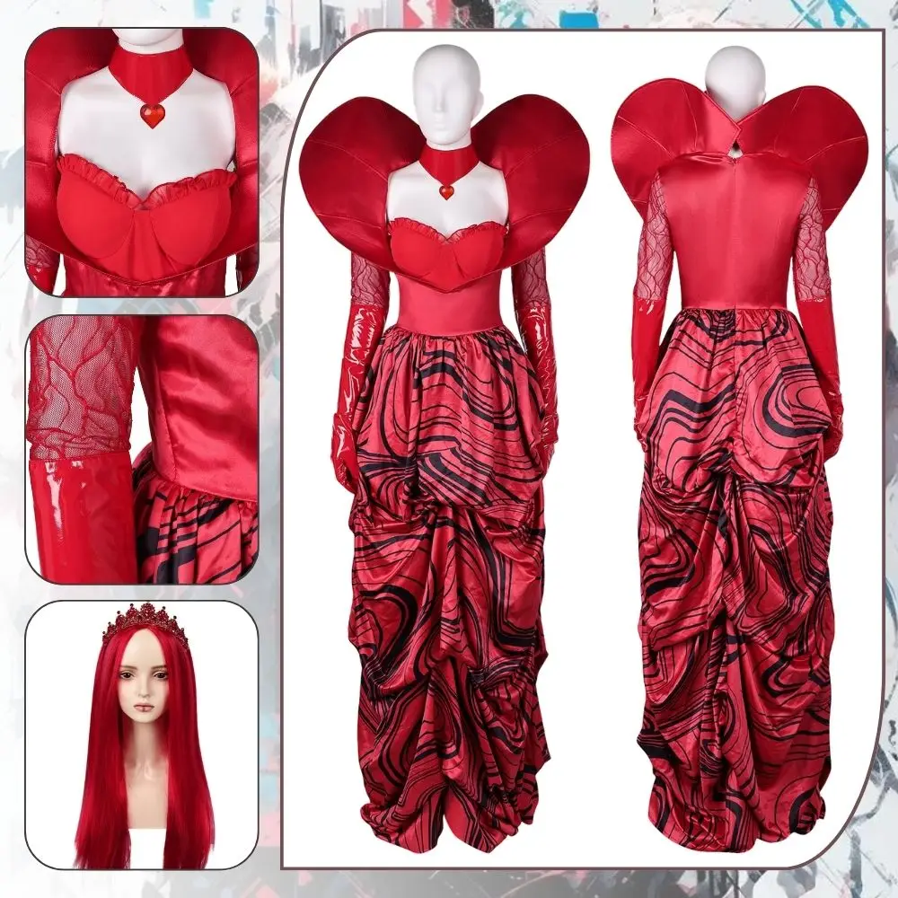 Queen of Hearts Descendants Cosplay Fantasy Costume Disguise for Women Female Red Dresses Wigs Outfits Halloween Carnival Suit