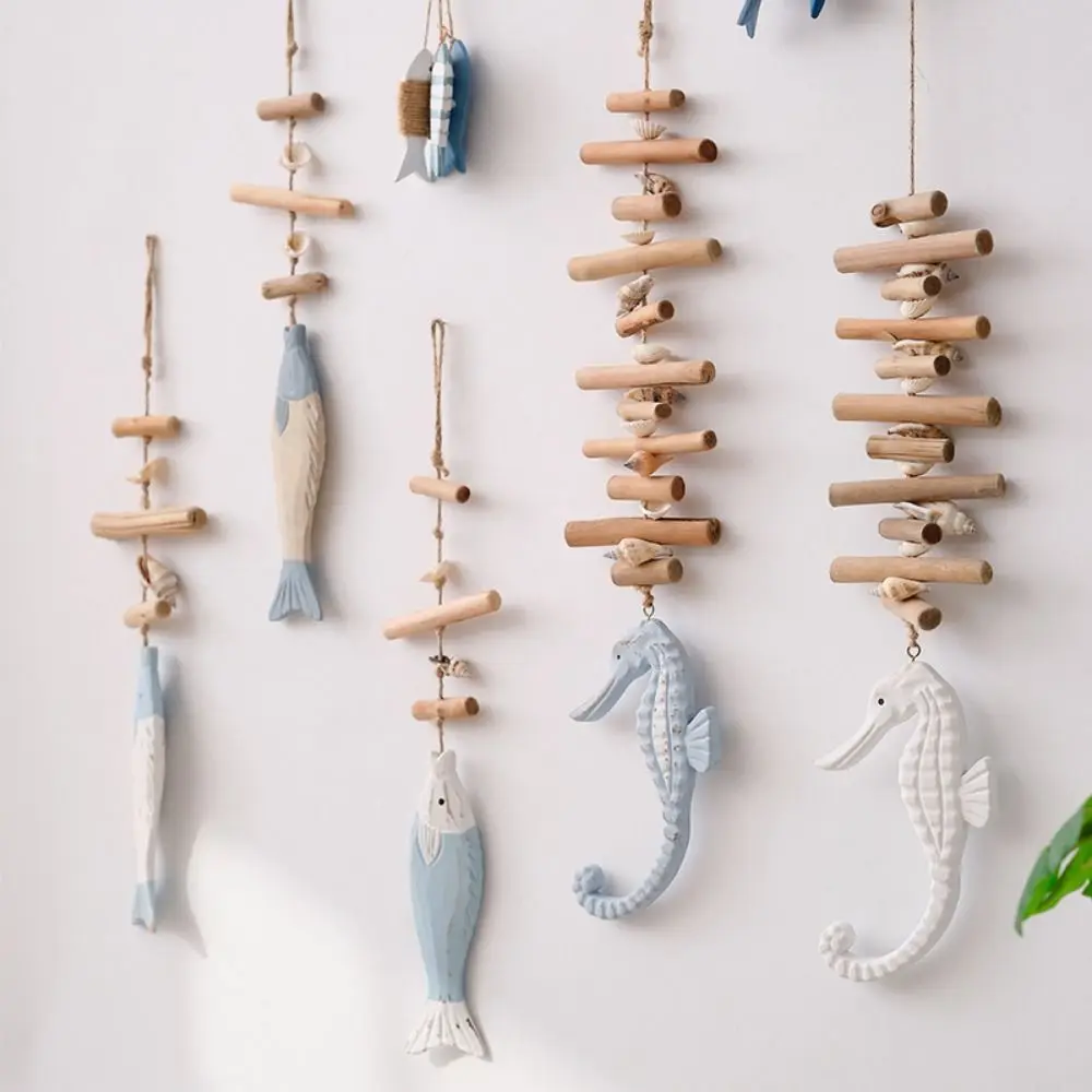 Creative Mediterranean Fish Pendant Wood Shell Ocean Theme Accessories Carving Figurine Ceiling Drop Ornament Living Room