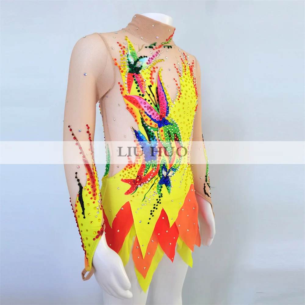 LIUHUO Rhythmic Gymnastics Leotard Customize Women Girl Costume Performance Competition Dance Dress Aerobics Yellow Ice Skating