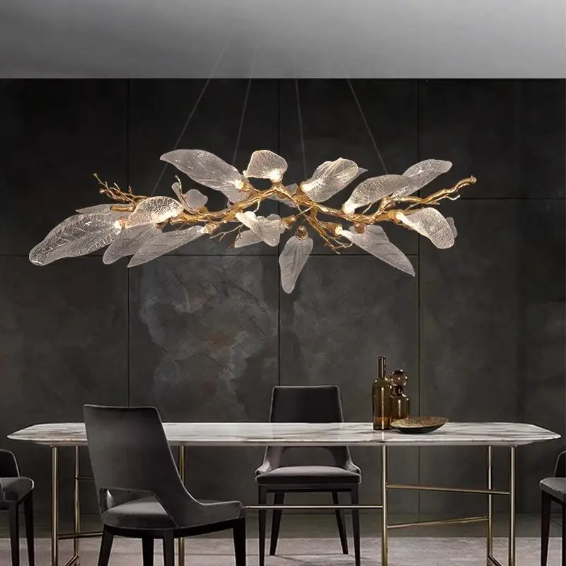 

Luxury Villa Copper Branch Chandelier Dining Room Living Room Lobby Designer Art Resin Leaf Pendant Lamp Chandelier High Ceiling