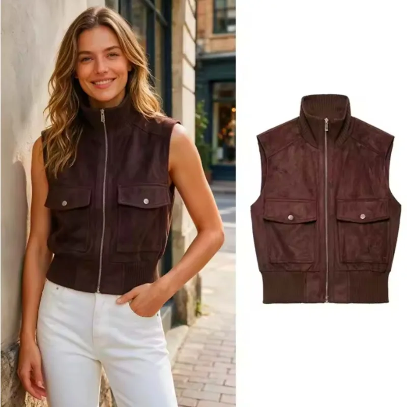 Women's Autumn Suede texture effect vest New Stand Colllar Sleeveless Zipper Waistcoat Casual Fashion Female Vintage Vests