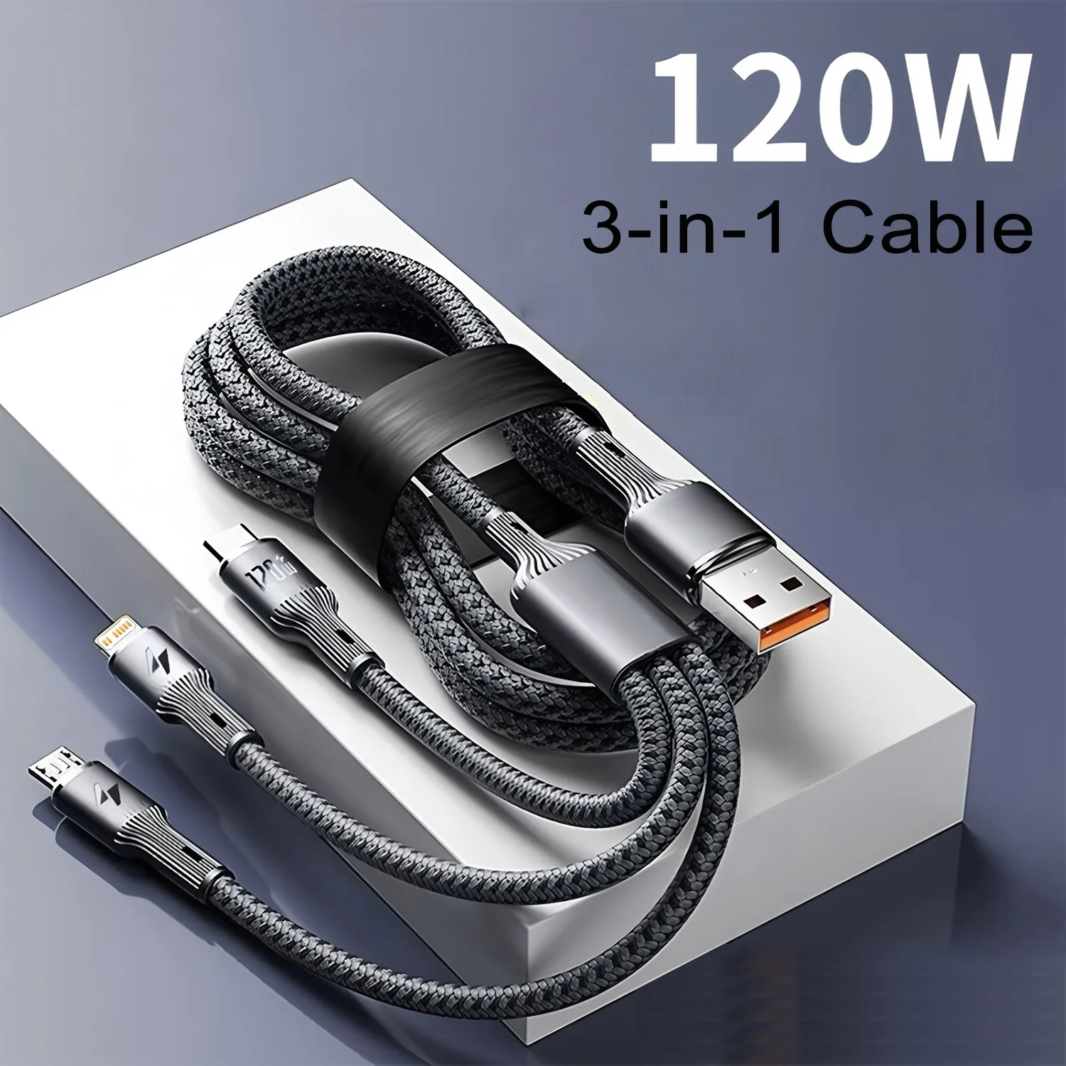 120W 3 In 1 Fast Charging Cable 3A For iPhone15 14 13 12 11 X Pro Max Micro USB Type-C Phone Charger USBC Data Cable 1.2M