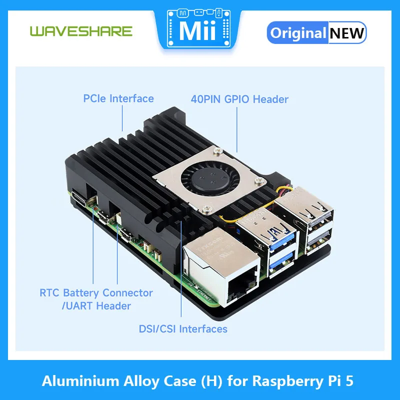 Waveshare Aluminium Alloy Case (H) for Raspberry Pi 5, With Temperature-Controlled Blower Fan for Raspberry Pi 5