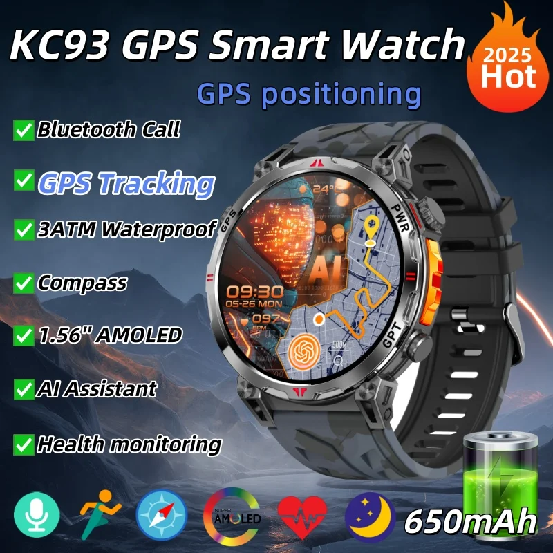 

2025 KC93 GPS Smart Watch 1.56inch AMOLED Outdoor Sport Fitness Tracker Bluetooth Calling Large Battery 3ATM Waterproof Men