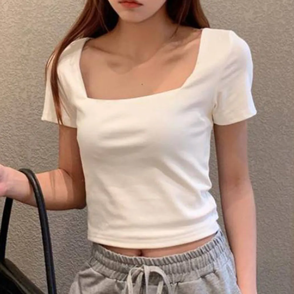 Women Solid Square Collar Short Sleeve Crop Top Summer Slimming Casual T Shirt For Vacation Holiday Daily Wear Fashion Tee