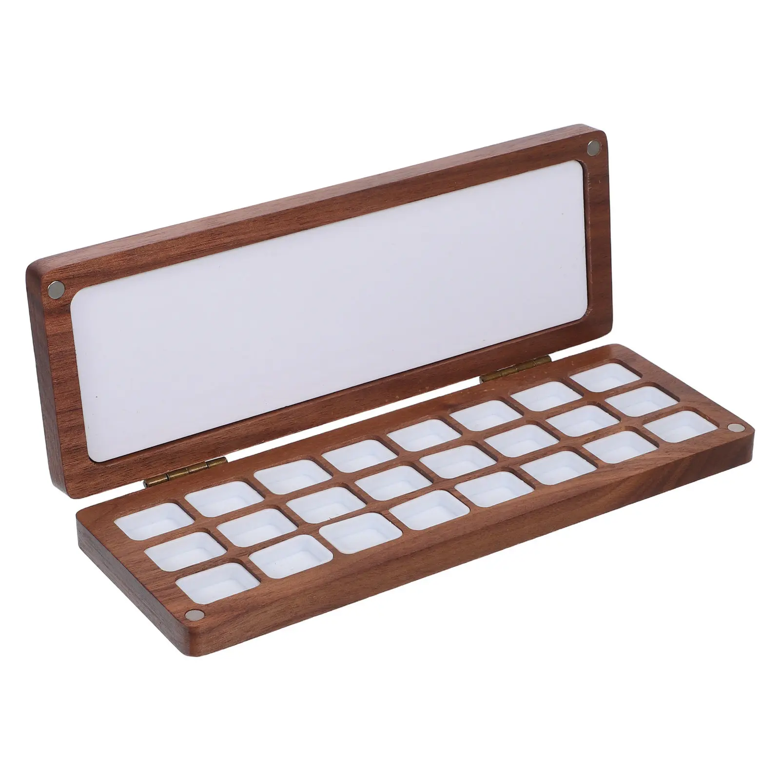 Solid Wood Portable Watercolor Palette Case with Lid 24 Independent Mixing Trays Rectangular Color Palette for Outdoor Painting