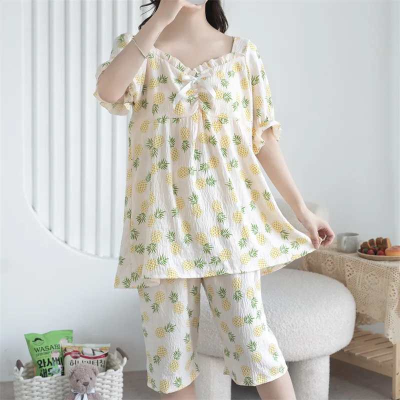 Fresh Printed Short Sleeve Summer Women's Pajamas V Neck Top Capri Pants Set Student Sleepwear Home Clothing Conjunto De Pijama