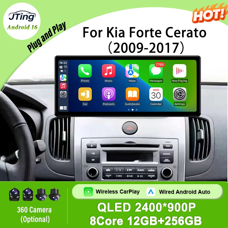 for Kia Forte Cerato 2009-2017 Car Radio 12.3 inch GPS Navi Wireless CarPlay Android Auto DSP Android 16 4G WiFi QLED IPS Screen