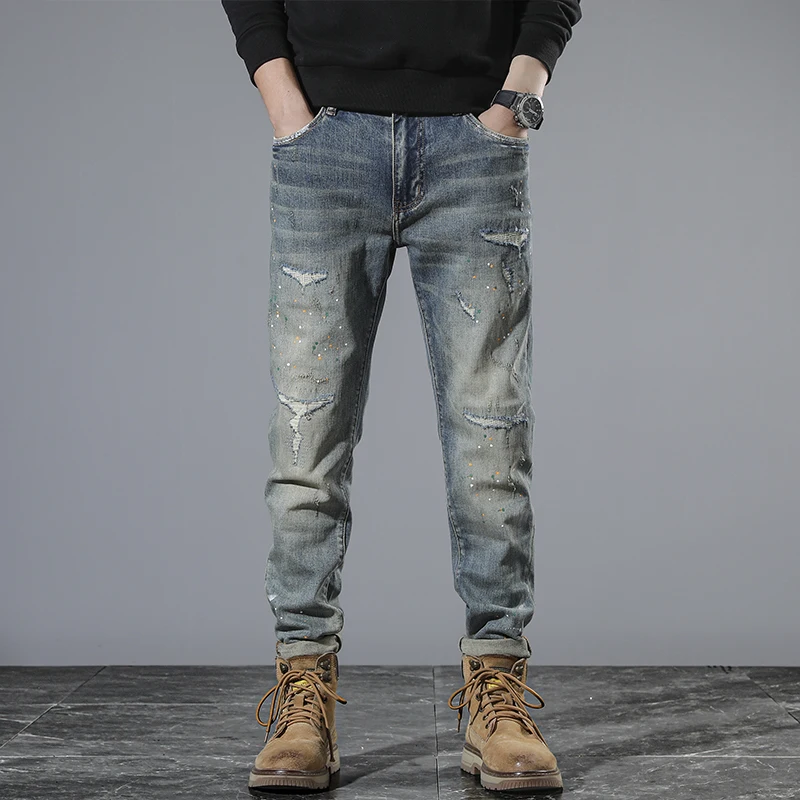

Moto & Biker Jeans Men Retro Blue Colorful Painting Distressed Hip Hop Men's Jeans Denim Pants Vintage Patch Ripped Jeans