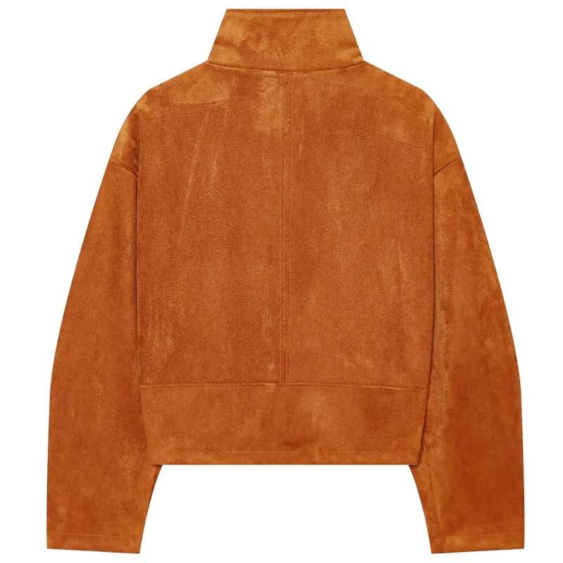 HXAO Damen-Jacke aus Kunstwildleder, kurze Jacke, Herbst 2026, modisch, orange, langärmelig, Stehkragen, Reißverschluss, schmale Passform, schicke Oberbekleidung, Top – Detail 5