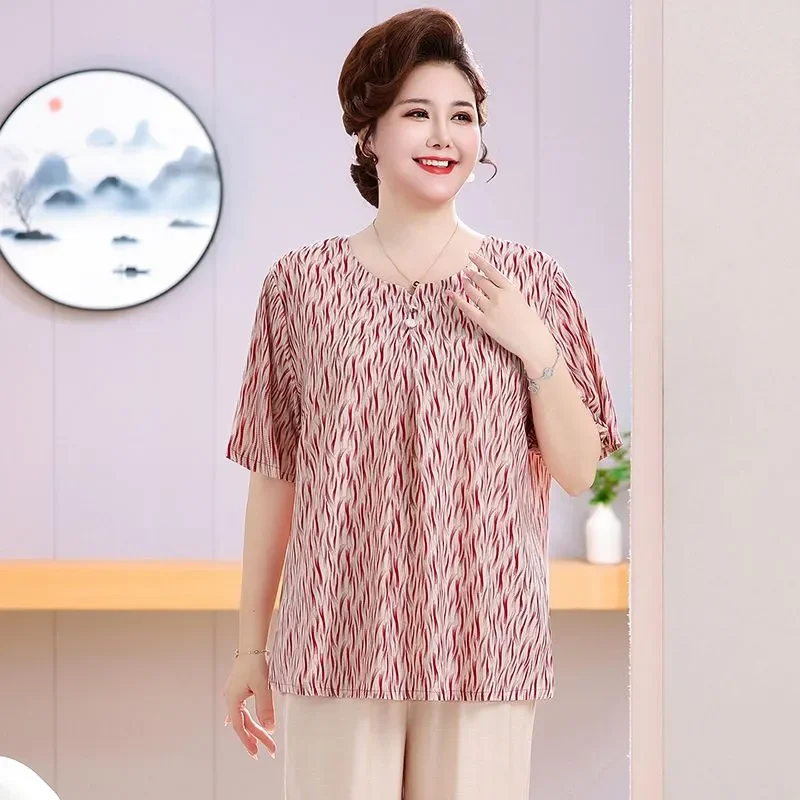 Plus Size Elderly Women Ice Silk T Shirt Abstract Striped Print Loose Hide Belly Short Sleeve Summer Top