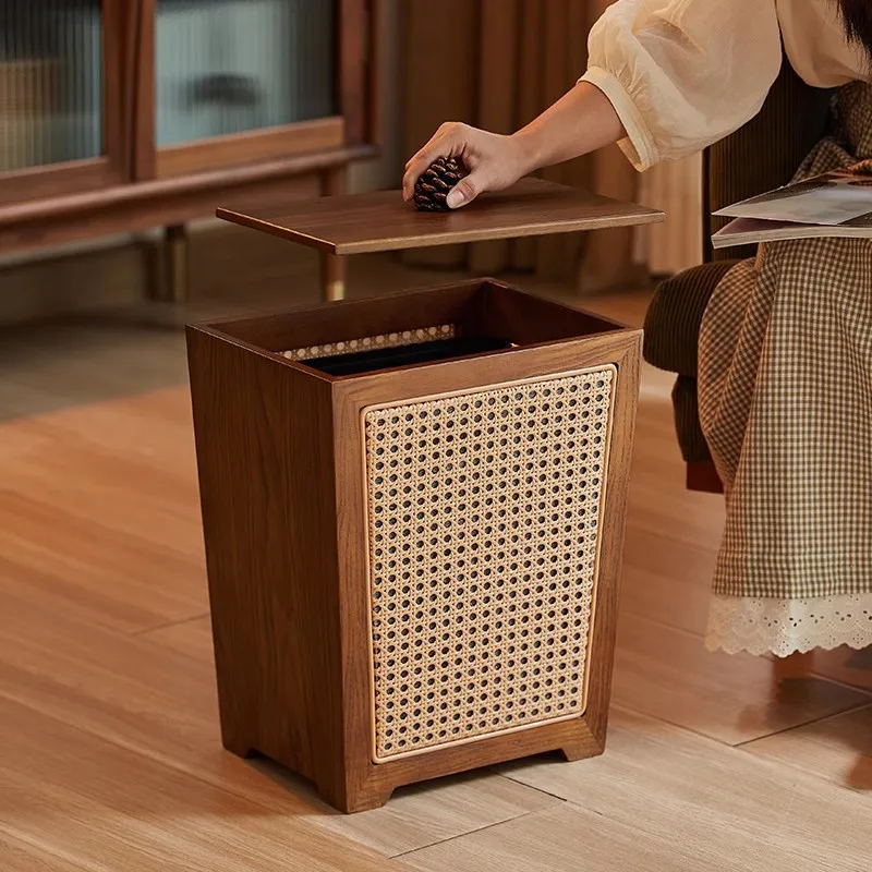 Wooden trash can living room kitchen bedroom bathroom square high value creative paper basket with cover