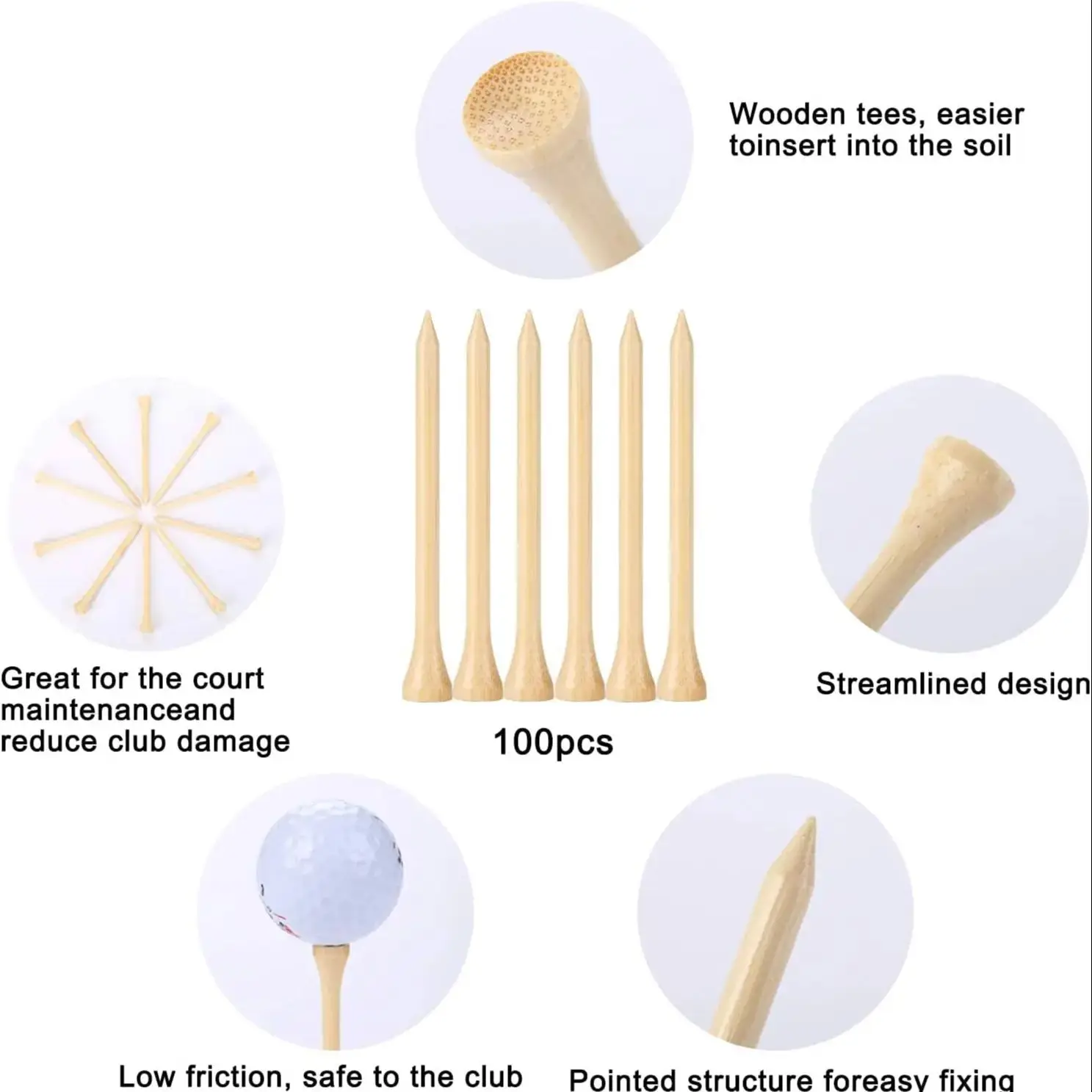 Tees golfowe Trwałe bambusowe tees 50 szt./100 szt. 100 szt. 3-1/4\" Przyjazny biodegradowalny materiał Redukuje tarcie Boczny skręt Większa stabilność — zdjęcie 2