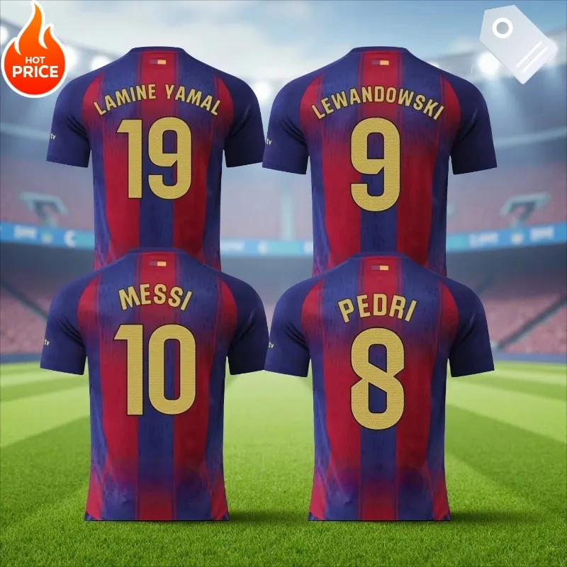 25_26 Barcelona # 19 Lamine Yamal Home Kit de fútbol Jersey Camiseta de fútbol 3D de manga corta Niños jóvenes Entrenamiento al aire libre Casual