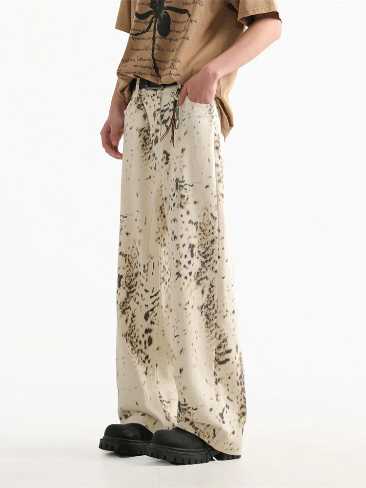 

Широкие джинсы с леопардовым принтом в американском стиле ретро, мужские летние тонкие уличные свободные прямые повседневные брюки, свободные расклешенные джинсы