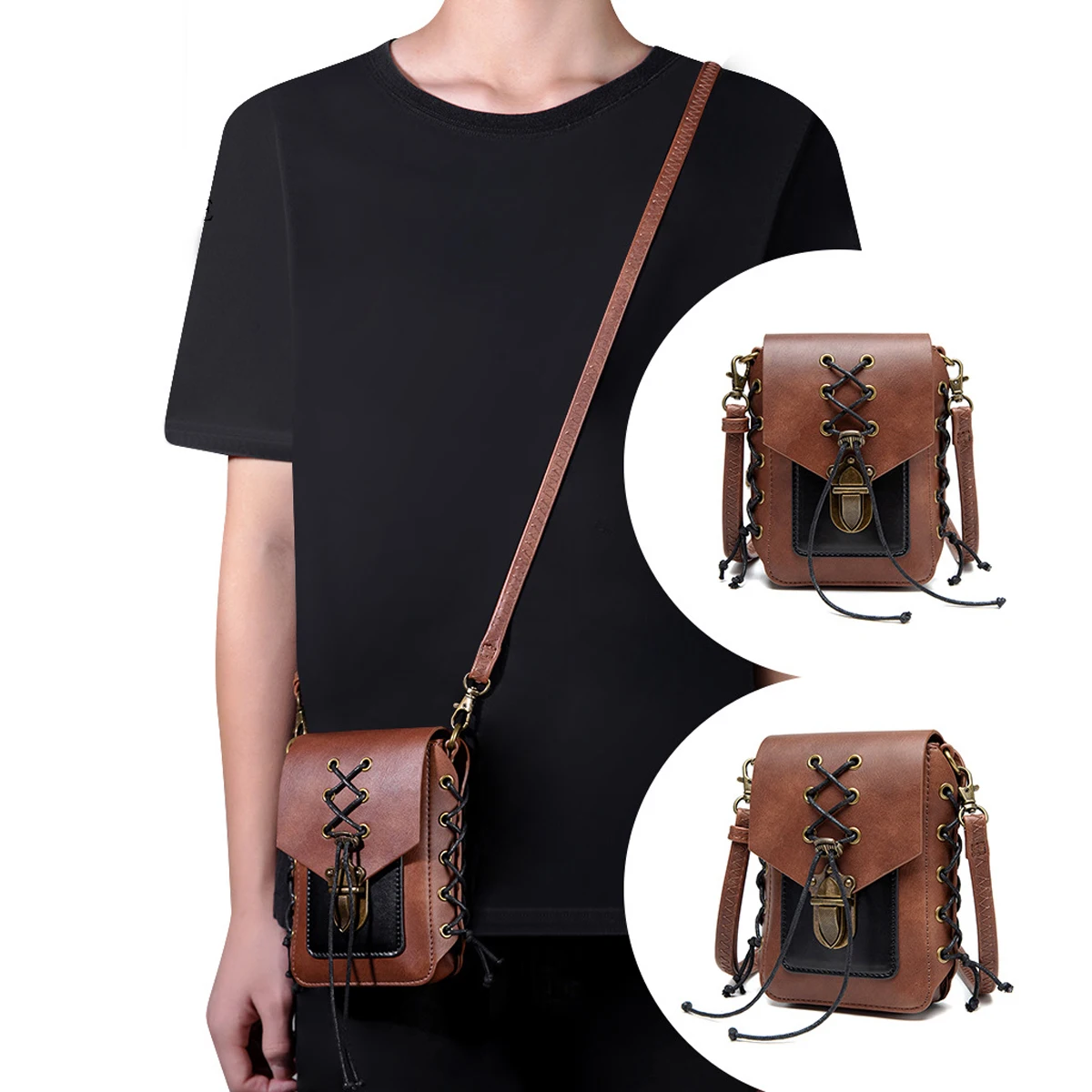 

Vintage Contrast Shoulder Bag for Men and Women, High Quality PU Flip Top Steampunk Crossbody Bag Adjustable Shoulder Strap