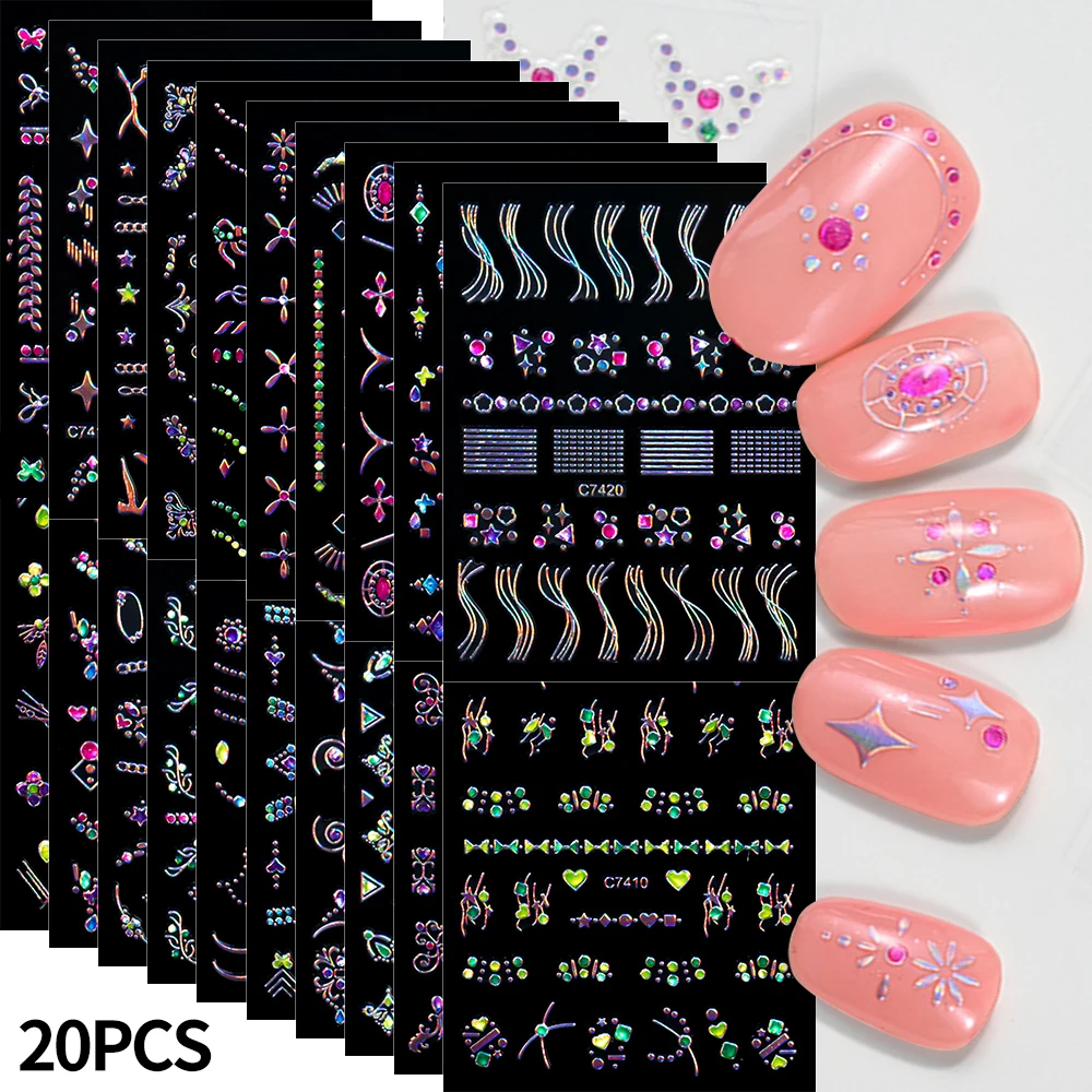 Autocollants adhésifs pour ongles, 20 pièces, stickers 3D, diamants, paillettes, biscuits, gemmes, décalcomanies, bijoux de luxe, nail art