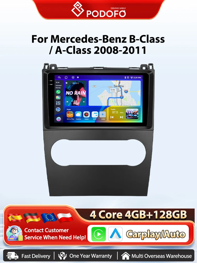 Podofo 8-Kern-Auto-Autoradio für Mercedes-Benz B-Klasse/A-Klasse 2008–2011, kabelloses CarPlay, Android-Auto, Multimedia-Stereo, WIFI, GPS