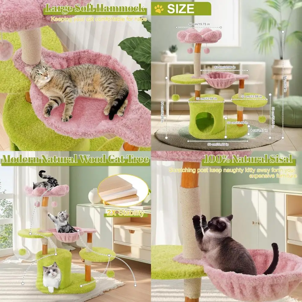 

Зеленое деревянное домашнее кошачье дерево с гамаком, башней для лазанья, когтеточкой и свисающим мячом для взрослых кошек