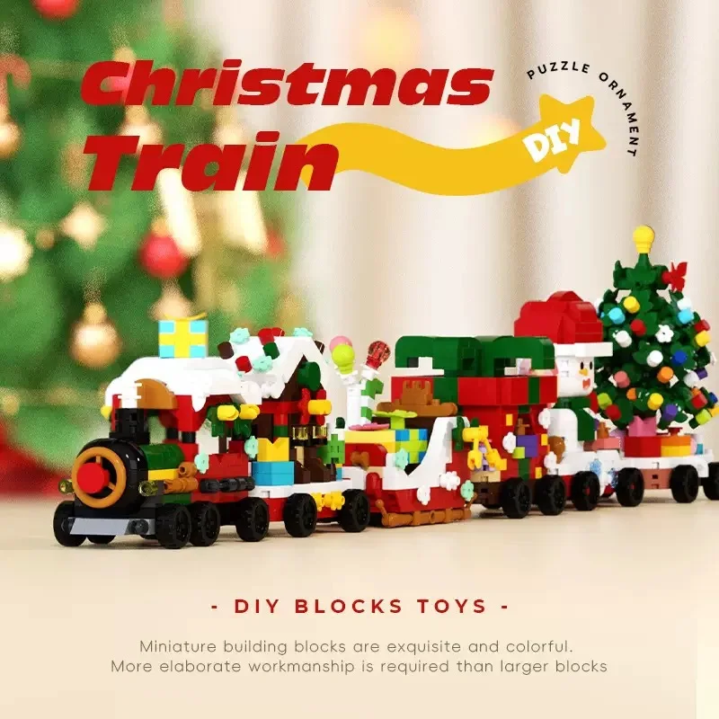

MOC Christmas Train Model Micro Building Blocks Tree Santa Claus Snowman Present Sled Cottage Bricks Toys Gift for Kids
