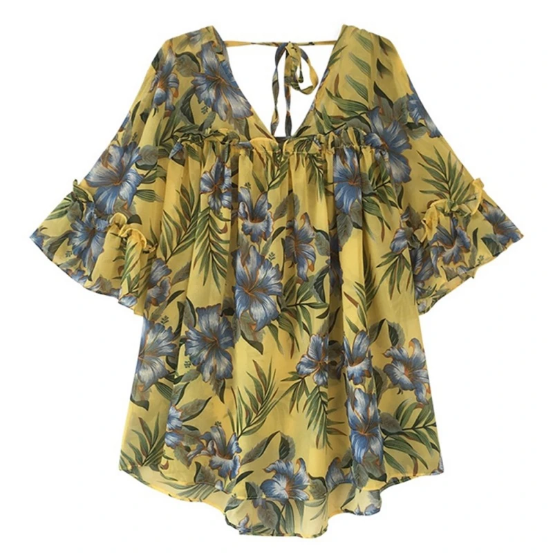 Loose ort Sve Floral Chiffon irt Mujer Sweet Sle V-Ne Tela de mezcla de poliéster de longitud media Verano Faion irt