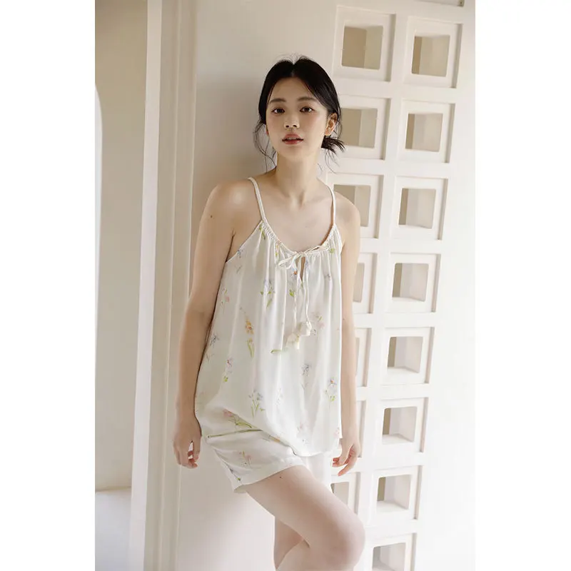 Women's Floral Print Pajama Set Silky Viscose Spaghetti Strap Camisole & Shorts, Tie-Front Detail, Lightweight Summer Sleepwear