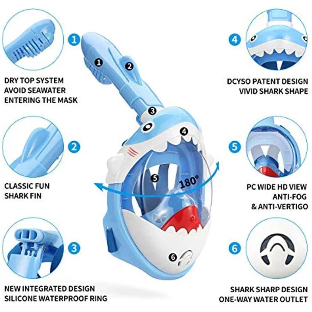 

Full Face Snorkel Mask for Kids, Shark Sharp Snorkeling Mask, HD Seaview, Anti Fog, Anti Leak