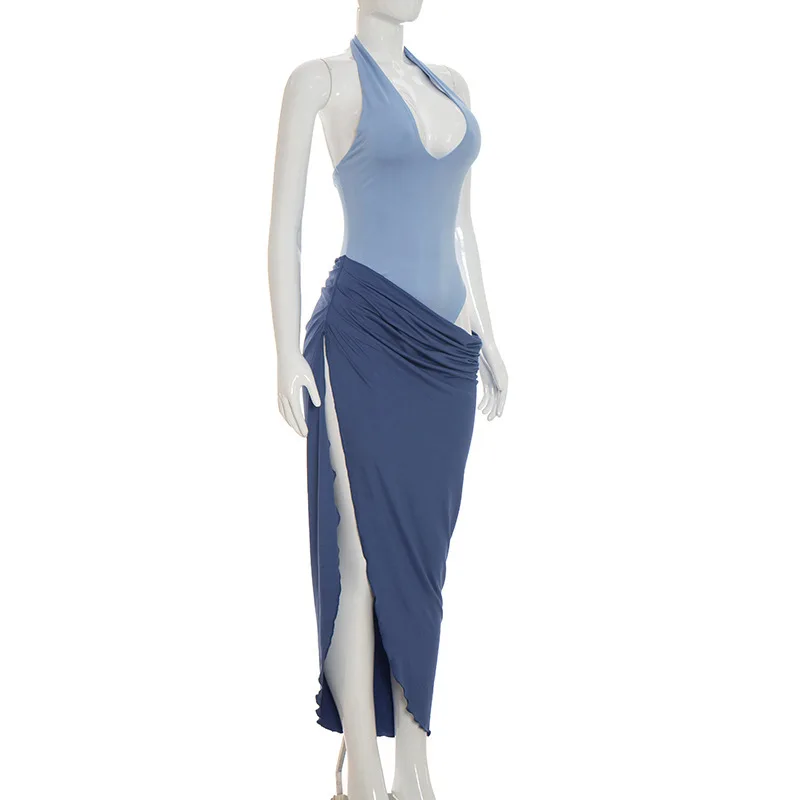 Summer new solid color casual fake two-piece contrasting color hanging neck slit sleeveless dress