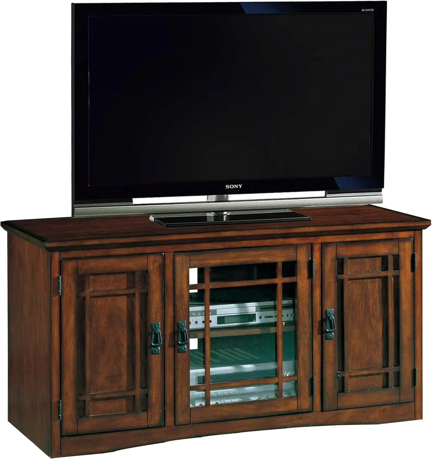 

Leick Home 82350 Трехдверная подставка под телевизор из массива дерева Mission Oak для телевизоров 55 дюймов, универсальная ТВ-консоль, полки для хранения в гостиной Enterta